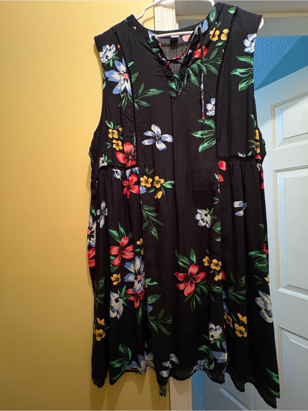 Old Navy Black Sleeveless Midi Dress with Red, Blue, Yellow Floral Print